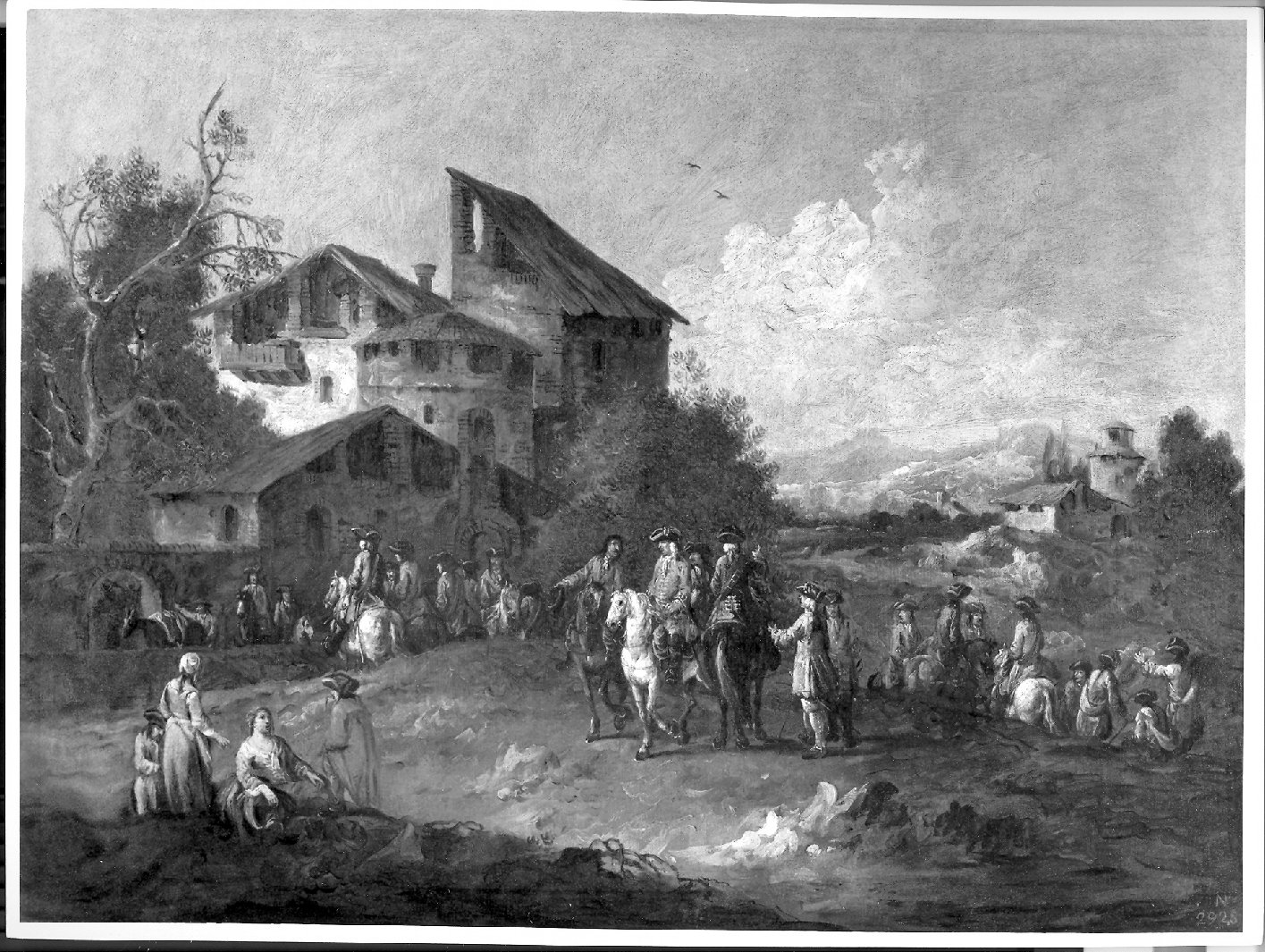 Arrivo di truppe in un villaggio (dipinto) di Zais Giuseppe (attribuito) (sec. XVIII)