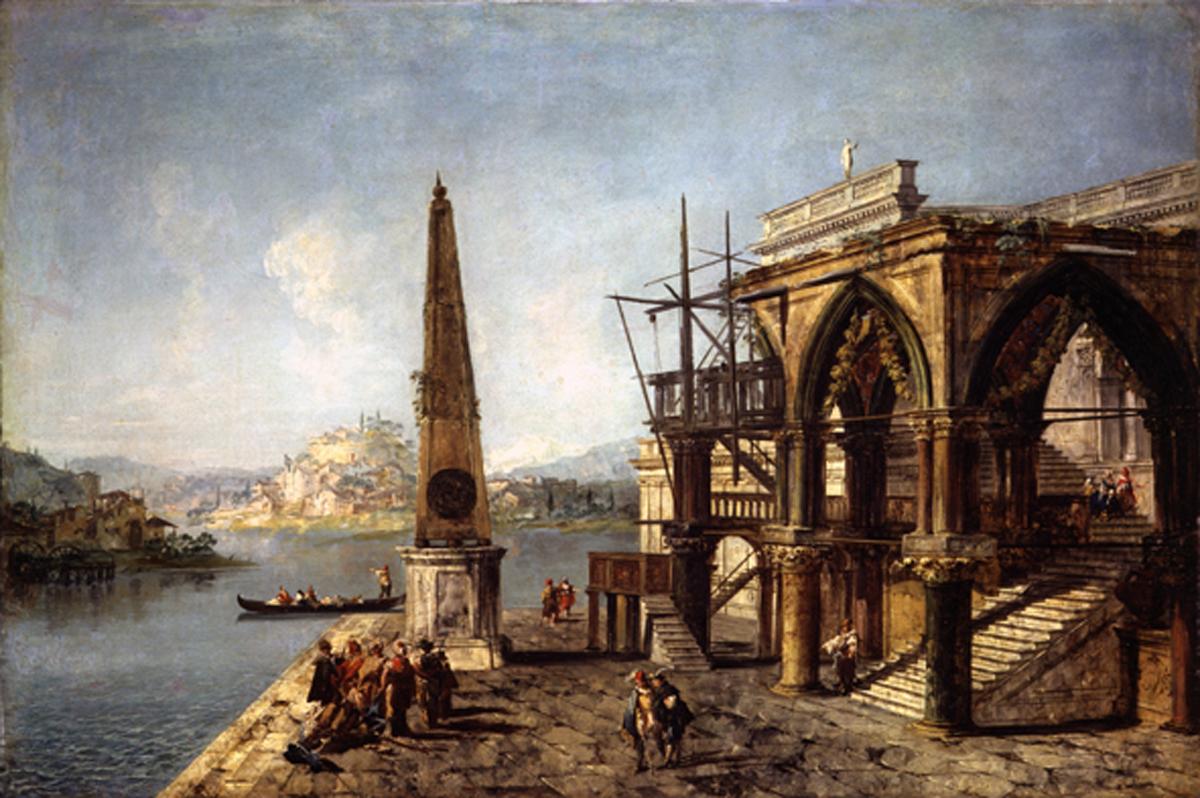 Capriccio con edificio gotico e obelisco, paesaggio con architetture (dipinto) di Marieschi Michele (sec. XVIII)