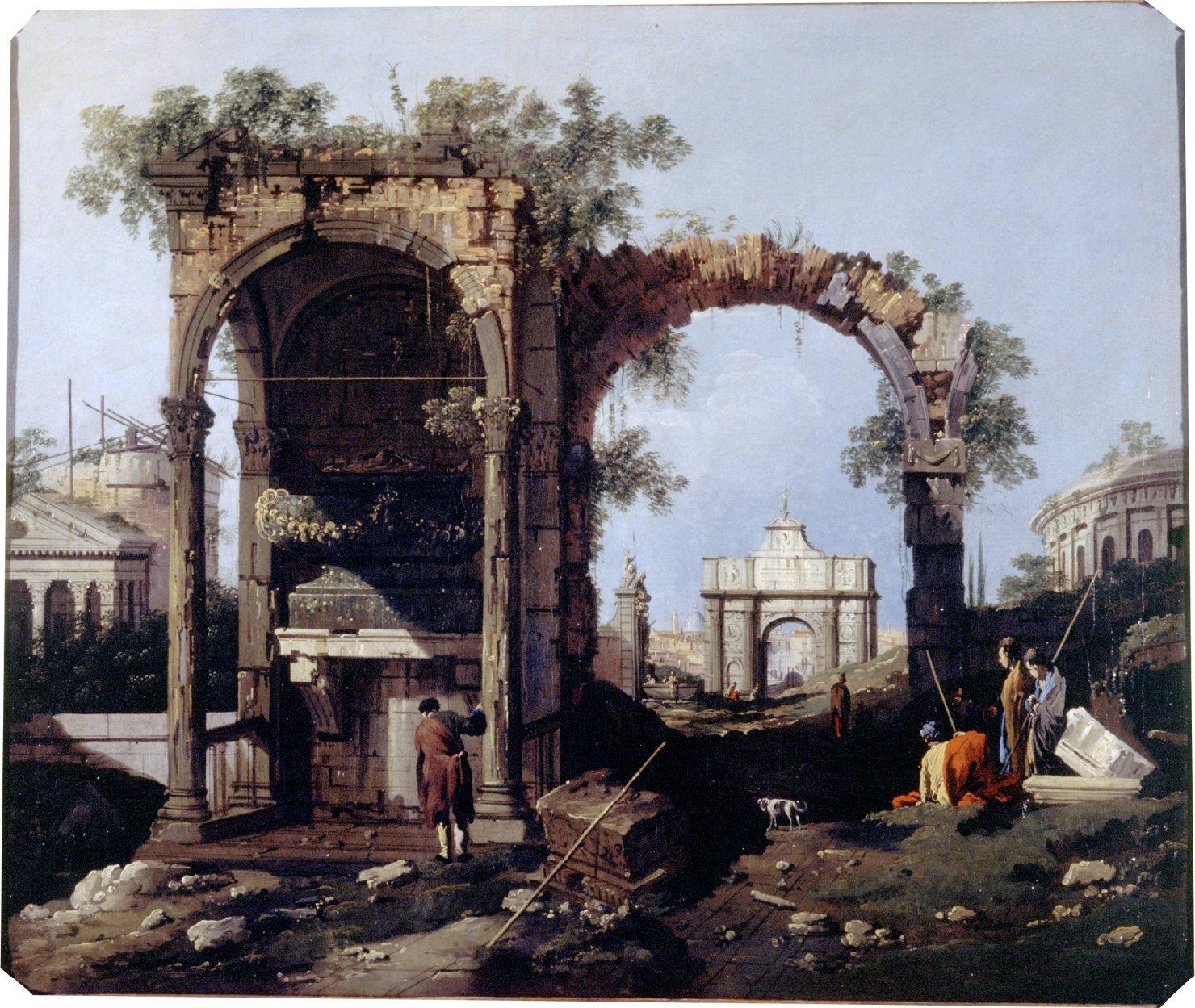 Capriccio con rovine e Porta Portello a Padova, paesaggio con architetture (dipinto) di Canal Antonio detto Canaletto (secc. XVII/ XVIII)