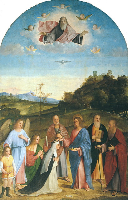 Incoronazione di Santa Caterina (dipinto, opera isolata) di Bissolo Francesco (prima metà sec. XVI)