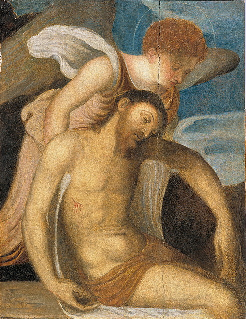 Cristo in pietà sorretto da angeli (dipinto, opera isolata) di Meldolla Andrea detto Schiavone (seconda metà sec. XVI)