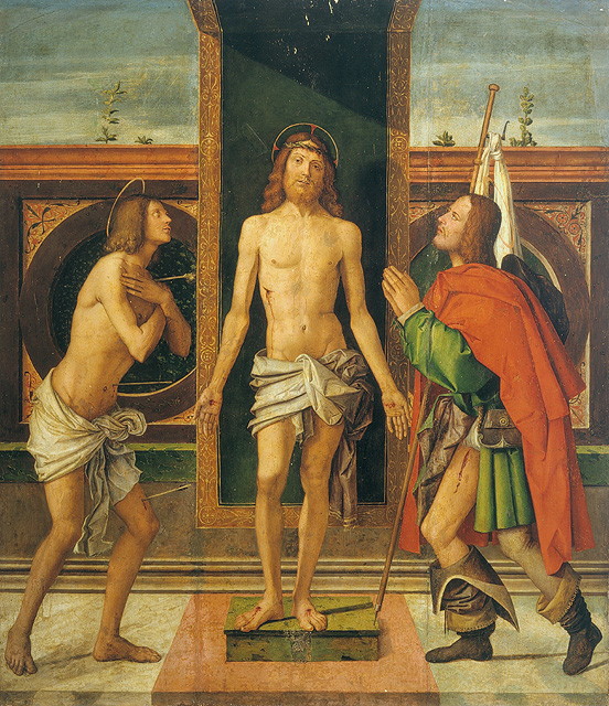 Cristo tra i Santi Sebastiano e Rocco (dipinto, opera isolata) di Cincani Bartolomeo detto Bartolomeo Montagna (attribuito) (inizio sec. XVI)