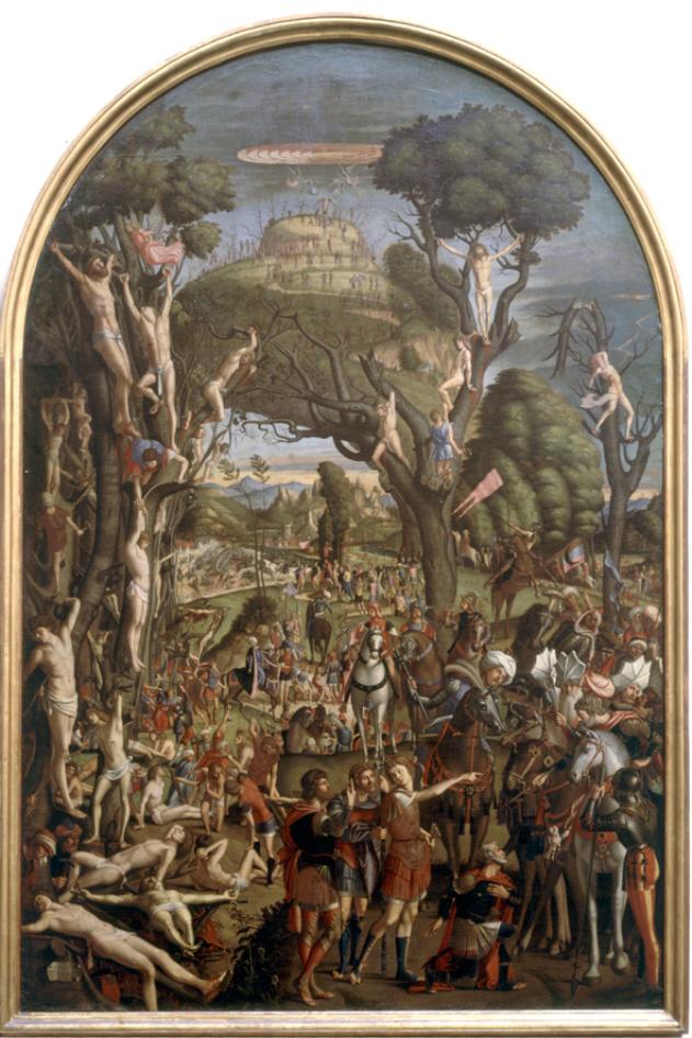 Crocifissione ed apoteosi dei 10.000 martiri del monte Ararat, crocifissione dei martiri del monte Ararat (dipinto) di Carpaccio Vittore (sec. XVI)