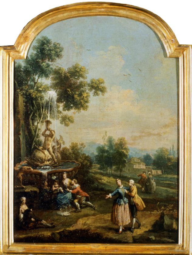 Coppie presso una fontana, scena di vita campestre (dipinto) di Zais Giuseppe (sec. XVIII)