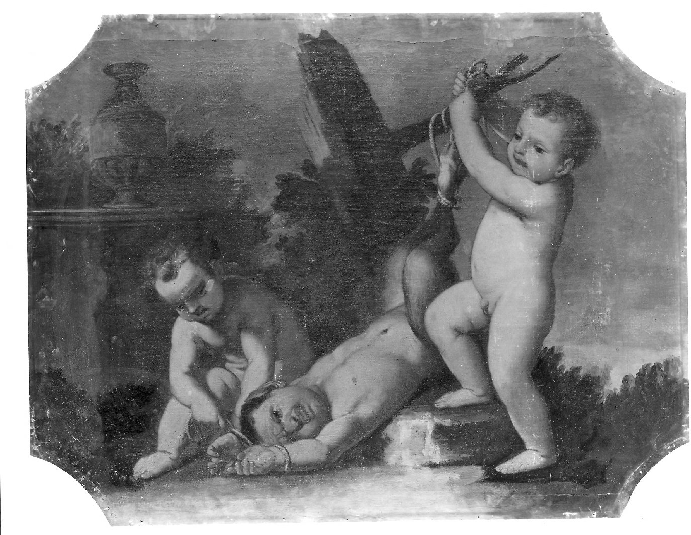 Due putti che percuotono un faunetto (dipinto) di Lazzarini Gregorio (attribuito) (fine/inizio secc. XVII/ XVIII)