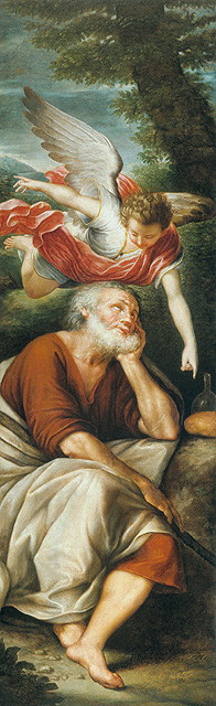 Elia nel deserto nutrito dall'angelo (dipinto, opera isolata) di Gramiccia Lorenzo (sec. XVIII)