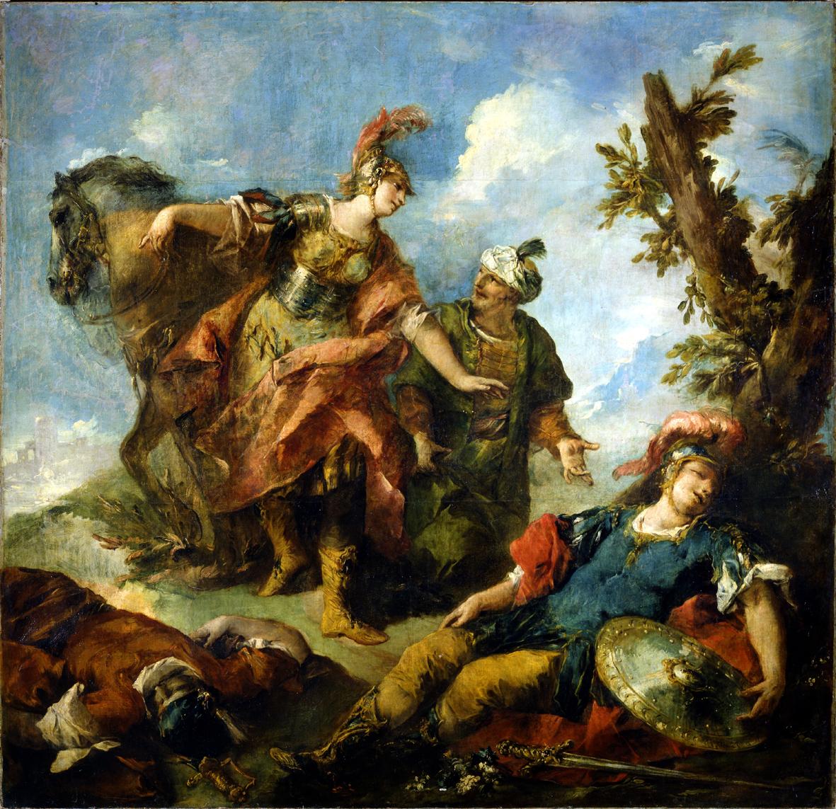 Erminia e Vaprino si imbattono in Tancredi ferito dopo il duello con Argante, Erminia scopre Tancredi ferito (dipinto) di Guardi Gianantonio (sec. XVIII)