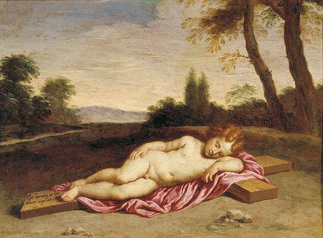 Gesù Bambino dormiente sulla croce (dipinto, opera isolata) - ambito bolognese (inizio sec. XVII)