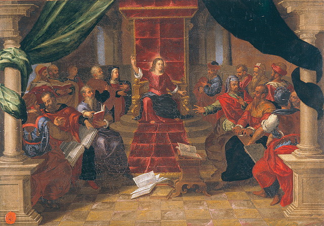 disputa di Gesù con i dottori nel tempio (dipinto, opera isolata) di Mera Pietro detto Fiammingo (attribuito) (secc. XVI/ XVII)