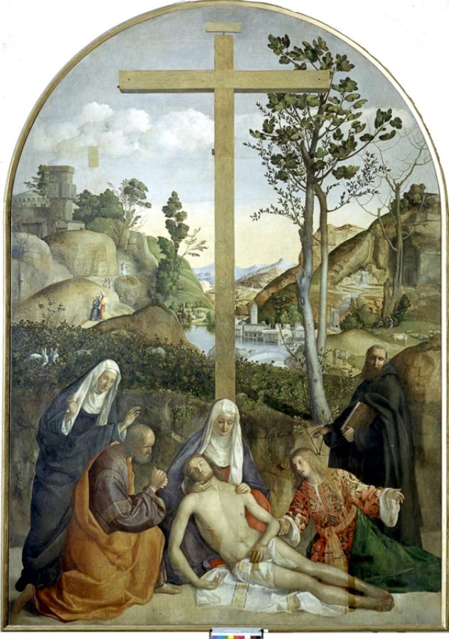 Il compianto del Cristo morto tra Giuseppe d'Arimatea, una Maria, Maddalen a, Filippo Benizzi dell'Ordine dei Servi di Maria, compianto sul Cristo morto (dipinto) di Bellini Giovanni detto Giambellino (sec. XVI)