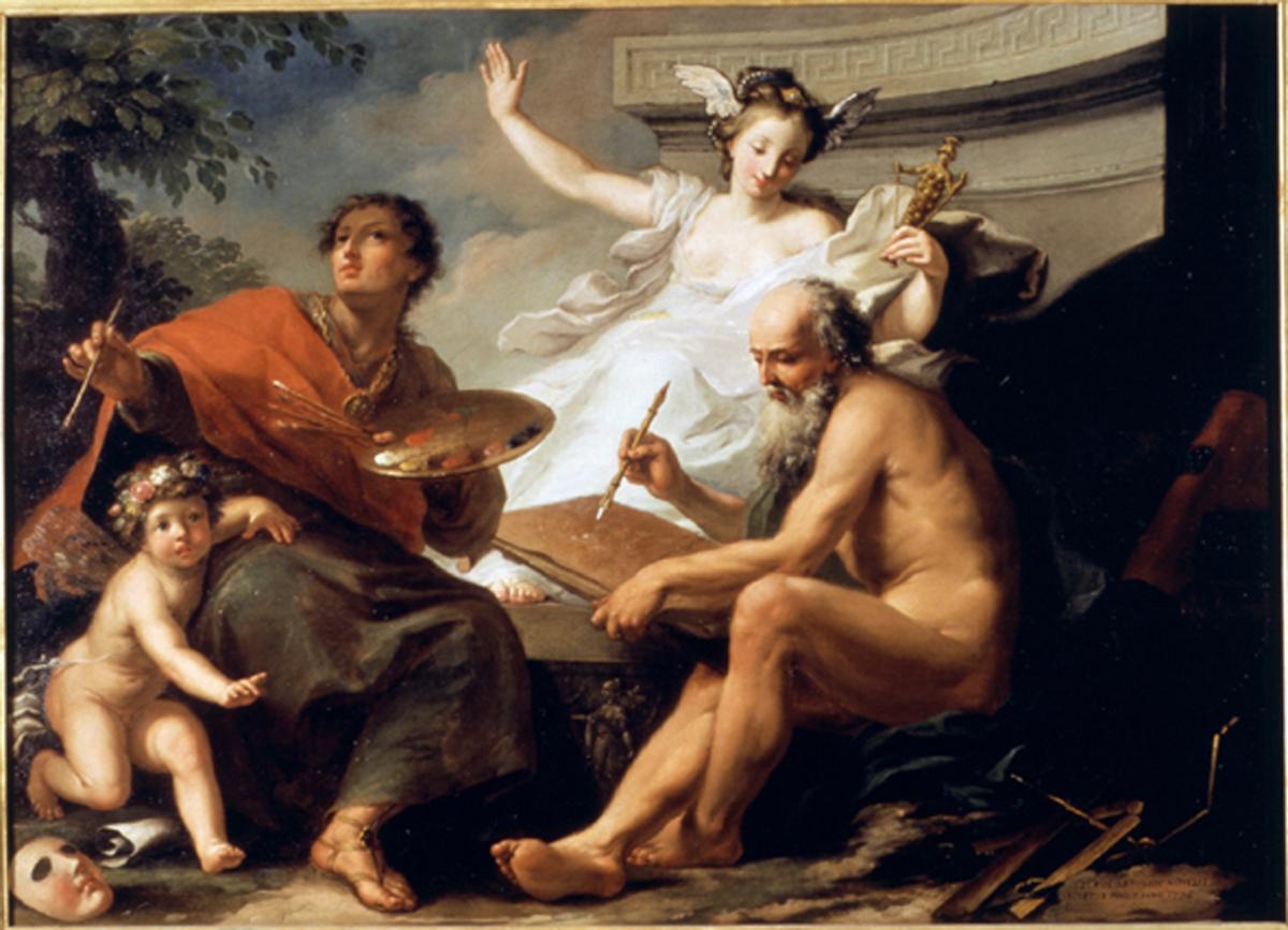 Il Disegno, il Colore e l'Invenzione, invenzione dell'arte del disegno (dipinto) di Novelli Pietro Antonio (sec. XVIII)