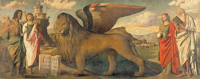 Il leone di S.Marco e quattro Santi (dipinto, opera isolata) di Buonconsiglio Giovanni detto Marescalco (fine/inizio secc. XV/ XVI)