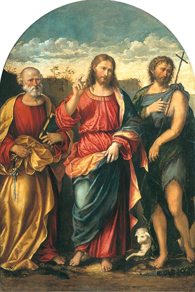 Cristo tra San Pietro e San Giovanni Battista (dipinto, opera isolata) di Marconi Rocco (prima metà sec. XVI)