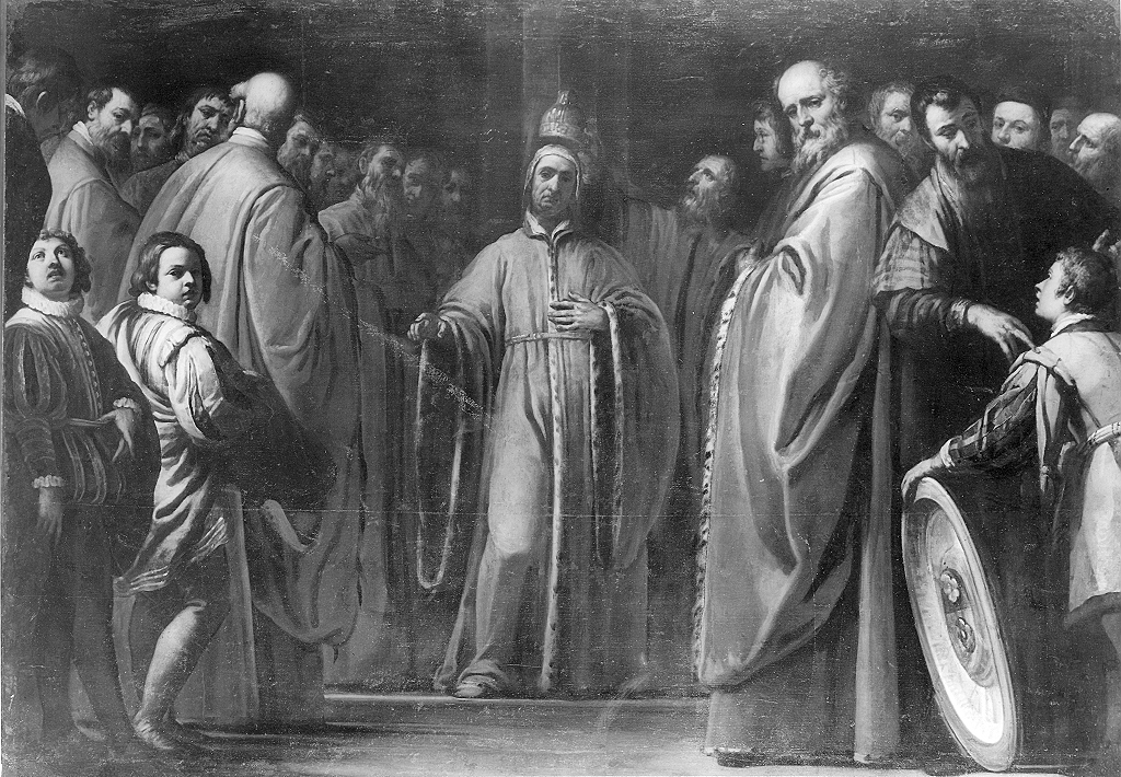 Imposizione del corno dogale a Tommaso Mocenigo (dipinto, opera isolata) di Zaniberti Filippo (sec. XVII)