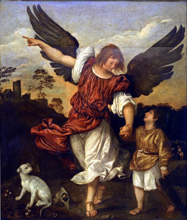 Tobiolo e l'Arcangelo Raffaele, Tobia con il cane e l'angelo in viaggio (dipinto) di Vecellio Tiziano (sec. XVI)
