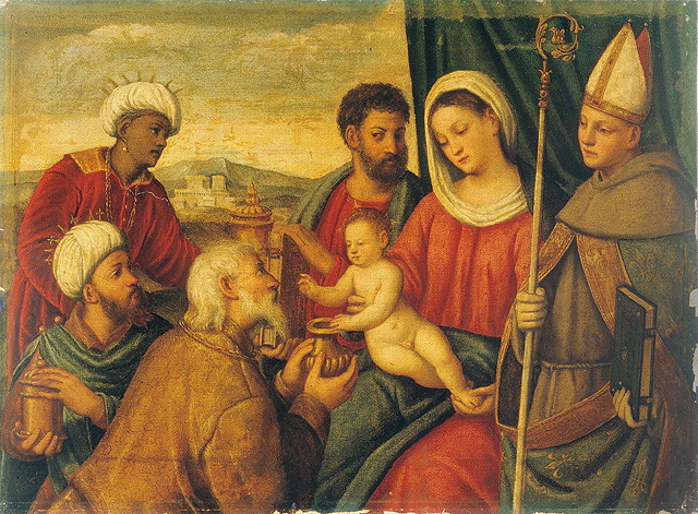 adorazione dei Re Magi con i Santi Marco e Luigi (dipinto, opera isolata) di De' Pitati Bonifacio detto Bonifacio Veronese (bottega) (terzo quarto sec. XVI)