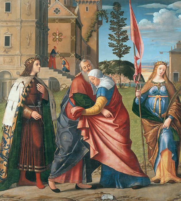 L'incontro di Anna e Gioacchino, con i Santi Luigi IX e Libera, incontro di Sant'Anna e San Gioacchino alla porta aurea (dipinto, opera isolata) di Carpaccio Vittore (primo quarto sec. XVI)