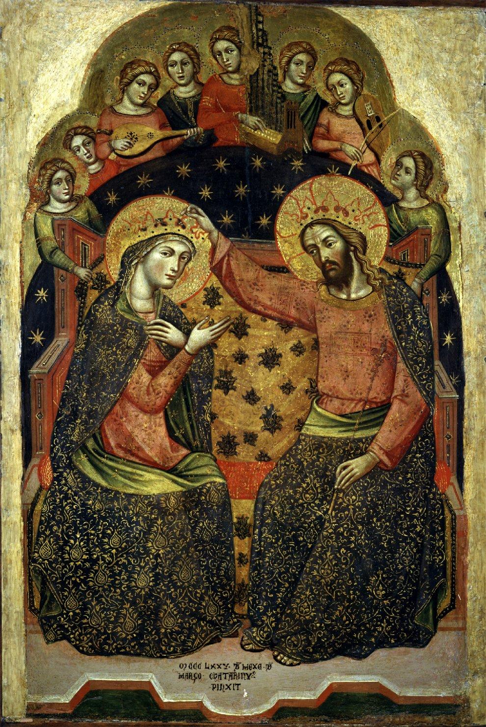 L'incoronazione della Vergine e angeli, incoronazione di Maria Vergine (dipinto) di Catarino Veneziano (sec. XIV)