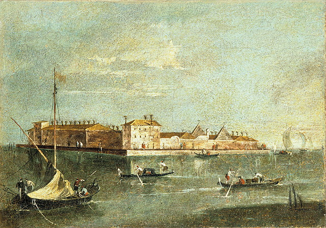 Isola del Lazzaretto nuovo, veduta prospettica di Venezia (dipinto, opera isolata) di Guardi Francesco (attribuito) (sec. XVIII)