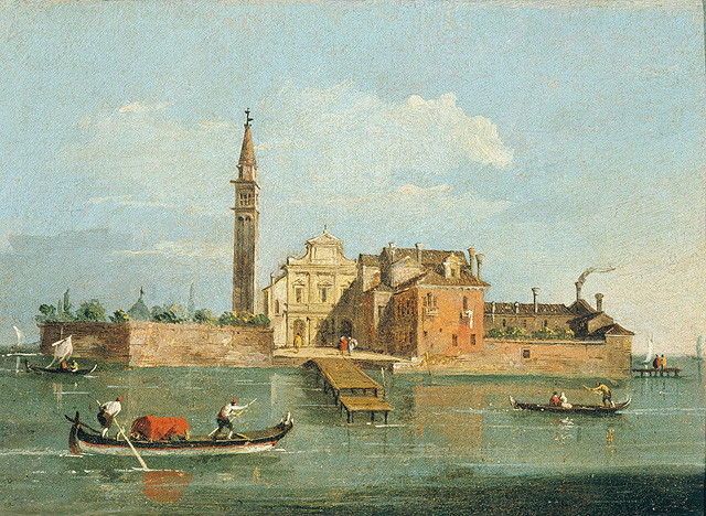 Isola di Santo Spirito, veduta prospettica di Venezia (dipinto, opera isolata) di Guardi Francesco (attribuito) (sec. XVIII)