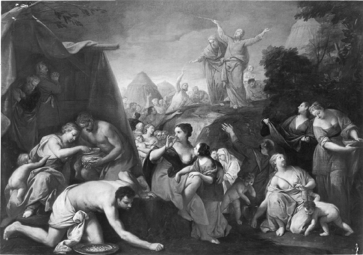 caduta della manna (dipinto, opera isolata) di Lazzarini Gregorio (attribuito) (secc. XVII/ XVIII)