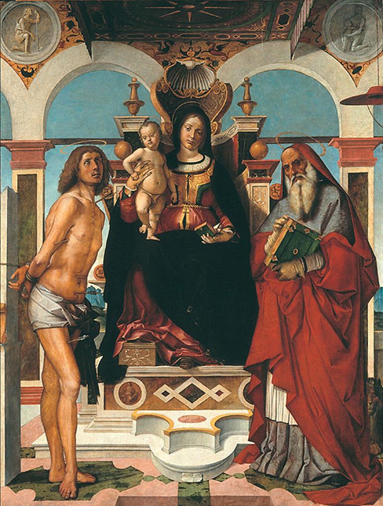 Madonna col Bambino in trono tra i Santi Sebastiano e Girolamo (dipinto, opera isolata) di Cincani Bartolomeo detto Bartolomeo Montagna (inizio sec. XVI)