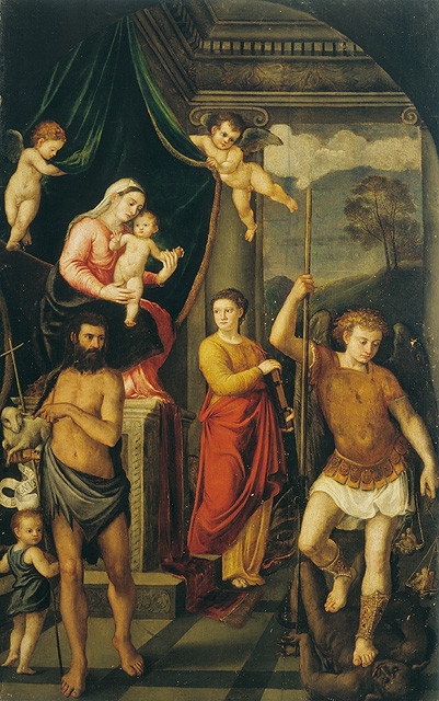 Madonna in trono e Santi (dipinto, opera isolata) di Muziano Girolamo detto Girolamo da Brescia (attribuito) (sec. XVI)