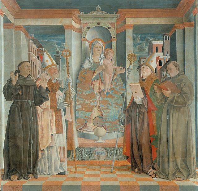 Madonna in trono con Bambino e Santi (dipinto, opera isolata) di Aviani Girolamo detto Girolamo da Treviso (fine sec. XV)