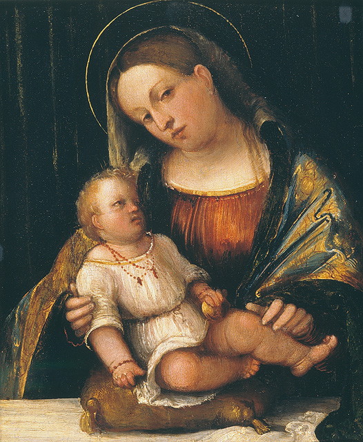 Madonna con Bambino (dipinto, opera isolata) di Romani Girolamo detto Romanino (attribuito) (sec. XVI)