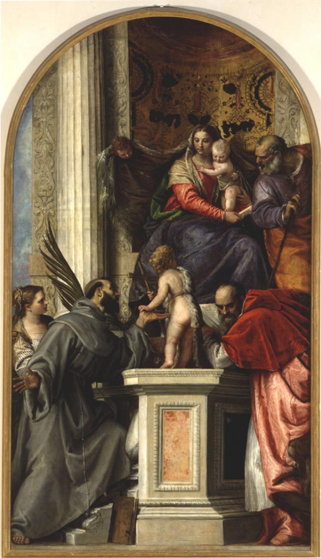 Madonna col Bambino in trono e i santi Giovanni Battista fanciullo, Giusep pe, Girolamo, Giustina e Francesco, Madonna con Bambino e Santi (dipinto) di Caliari Paolo detto Veronese (sec. XVI)