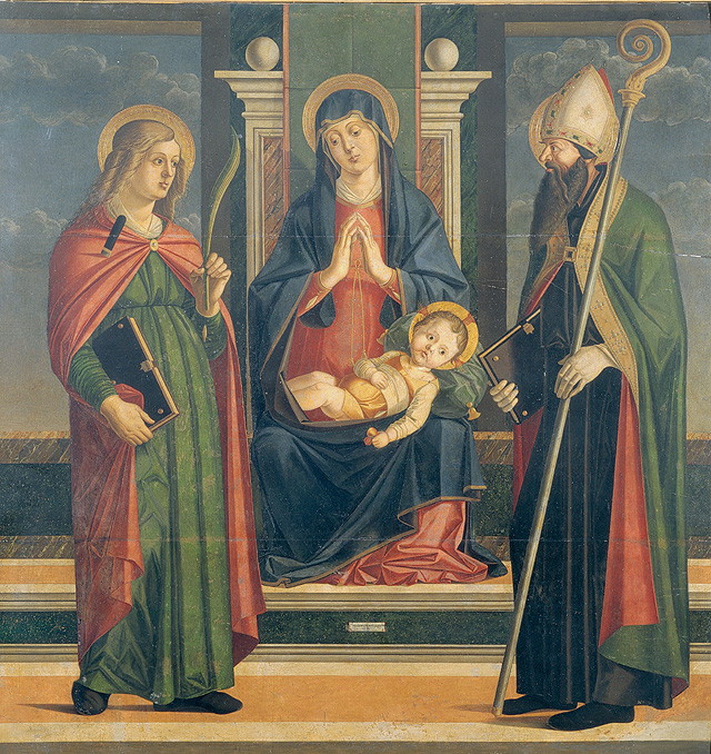 Madonna col Bambino tra S. Agostino e S. Giustina, Madonna con Bambino e Santi (dipinto, opera isolata) di Jacopo da Valenza (attribuito) (sec. XVI)