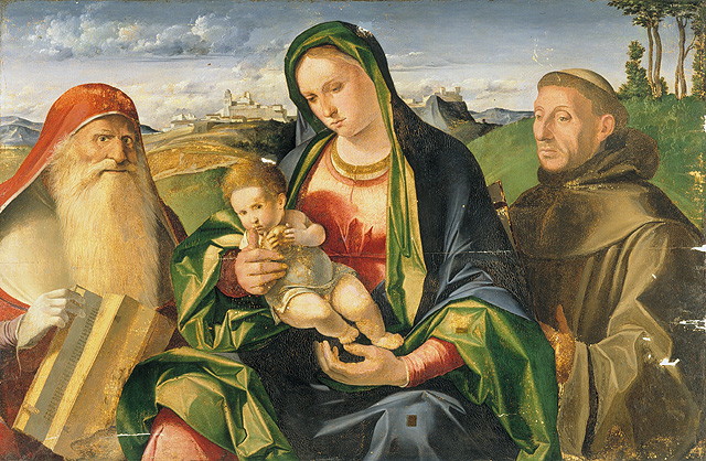 Madonna col bambino tra S. Girolamo e S. Francesco, Madonna con Bambino e Santi (dipinto, opera isolata) di Rusconi Benedetto detto Benedetto Diana (attribuito) (secc. XV/ XVI)