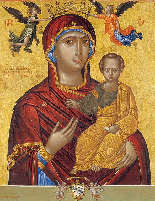 Madonna con Bambino e angeli (dipinto, opera isolata) di Mosco Leo (attribuito) (sec. XX)