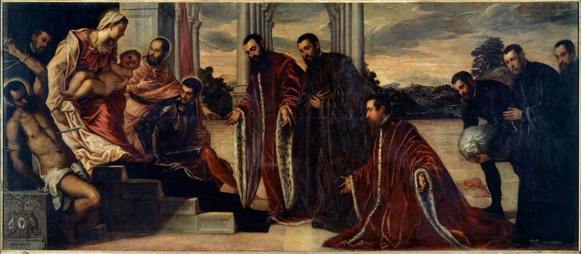 Madonna con il Bambino, SS. Sebastiano, Marco, Teodoro, tre Camerlenghi ed i loro segretari, Madonna con Bambino e altri personaggi (dipinto) di Robusti Jacopo detto Jacopo Tintoretto (sec. XVI)