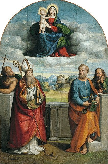 Madonna in gloria e Santi, Madonna con Bambino in gloria (dipinto, opera isolata) di Tisi Benvenuto detto Garofalo (attribuito) (sec. XVI)