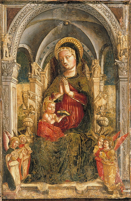 Madonna in trono con Bambino (dipinto, opera isolata) di Rosso Antonio (attribuito) (sec. XV)