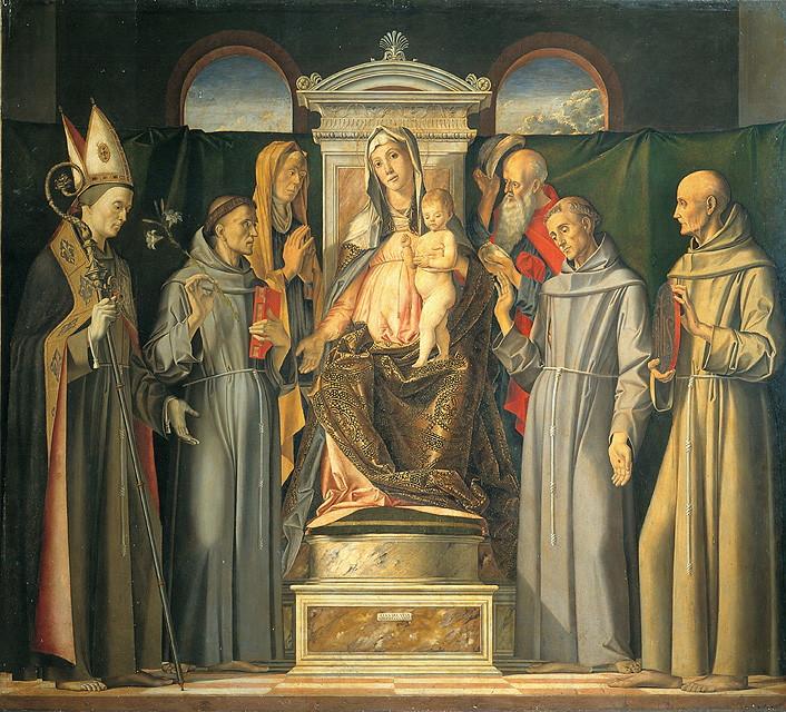 La Madonna in trono col Bambino tra i santi Ludovico da Tolosa,, Antonio d a Padova, Anna, Gioacchino, Francesco e Bernardino da Siena, Madonna in trono con Bambino e Santi (dipinto, opera isolata) di Vivarini Alvise (sec. XV)