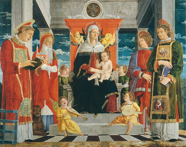 Madonna in trono con Bambino e Santi (dipinto, opera isolata) di Benaglio Francesco (attribuito) (sec. XV)