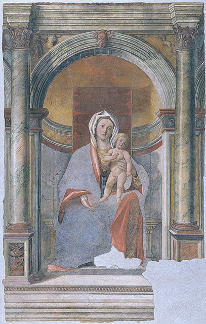 Madonna in trono con Bambino (dipinto, opera isolata) di Buonconsiglio Giovanni detto Marescalco (attribuito) (sec. XVI)