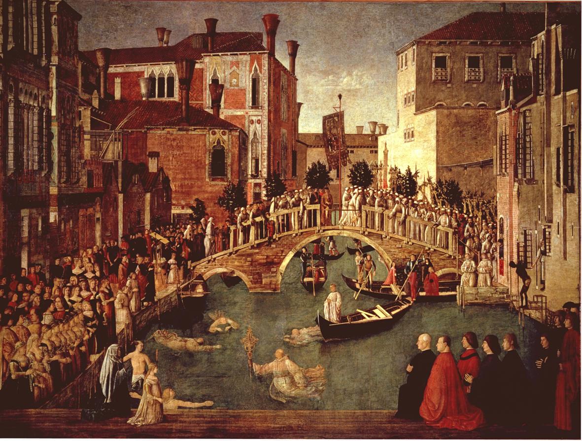 Miracolo della reliquia della Croce al ponte di San Lorenzo, miracolo della reliquia della croce (dipinto) di Bellini Gentile (sec. XVI)