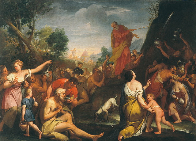 Mosè fa scaturire l'acqua dalla roccia (dipinto, opera isolata) di Lazzarini Gregorio (attribuito) (fine/inizio secc. XVII/ XVIII)
