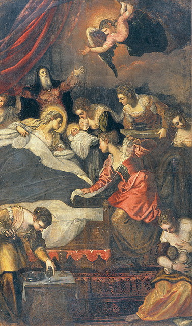 nascita di Maria Vergine (dipinto, opera isolata) di Robusti Jacopo detto Jacopo Tintoretto (attribuito) (sec. XVI)