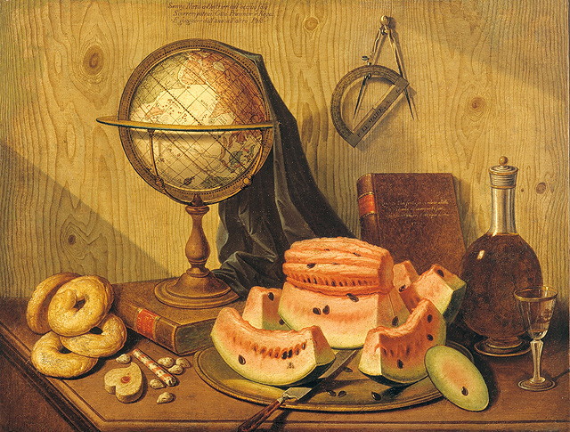 Natura morta con mappamondo e cocomero, natura morta (dipinto, opera isolata) di Lazzari Sebastiano (attribuito) (sec. XVIII)