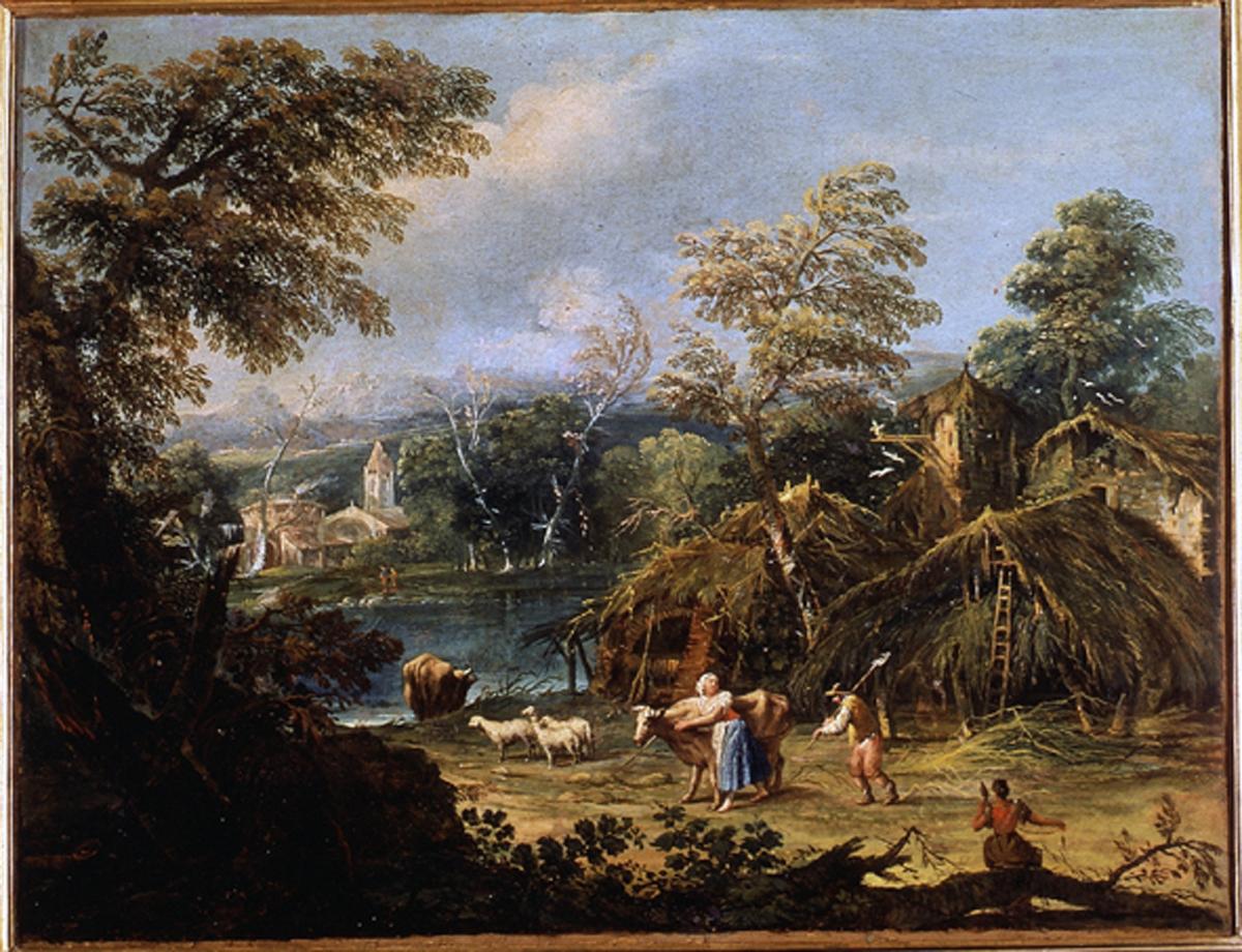 Paesaggio alpestre con un corso d'acqua e armenti, paesaggio con animali (dipinto) di Diziani Antonio (sec. XVIII)