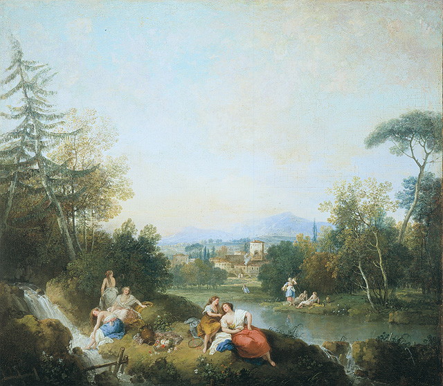 Paesaggio con fanciulle al torrente, paesaggio fluviale (dipinto, opera isolata) di Zuccarelli Francesco (attribuito) (sec. XVIII)