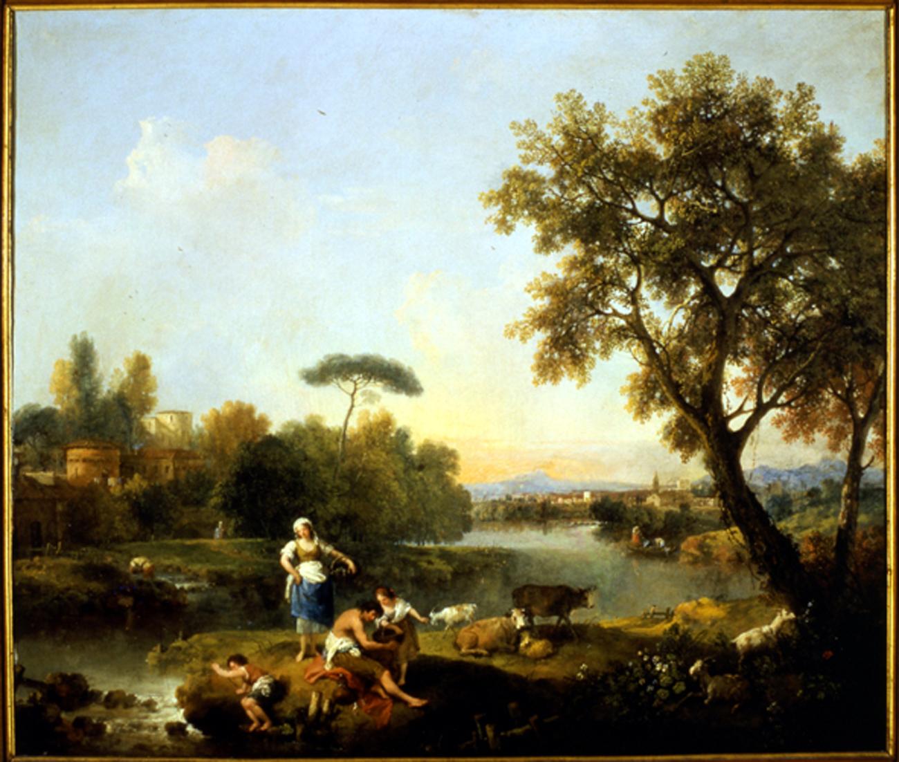 Paesaggio con fanciullo che pesca, paesaggio fluviale (dipinto) di Zuccarelli Francesco (sec. XVIII)