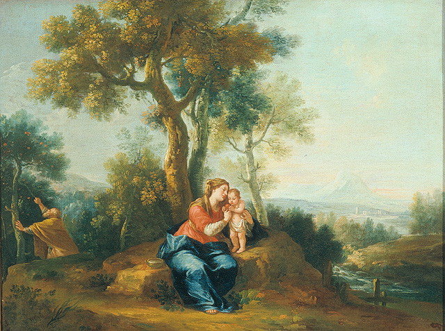 Paesaggio con la Sacra Famiglia, Sacra Famiglia (dipinto, opera isolata) di Zuccarelli Francesco (bottega) (sec. XVIII)