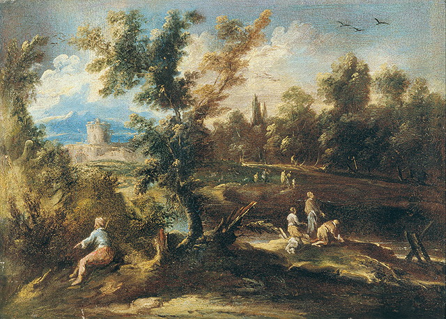 Paesaggio con lavandaie, paesaggio (dipinto, opera isolata) di Magnasco Alessandro (attribuito) (secc. XVII/ XVIII)