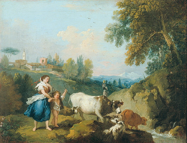 Paesaggio con pastora e bambino che conducono le bestie, scena pastorale (dipinto, opera isolata) di Zuccarelli Francesco (attribuito) (sec. XVIII)