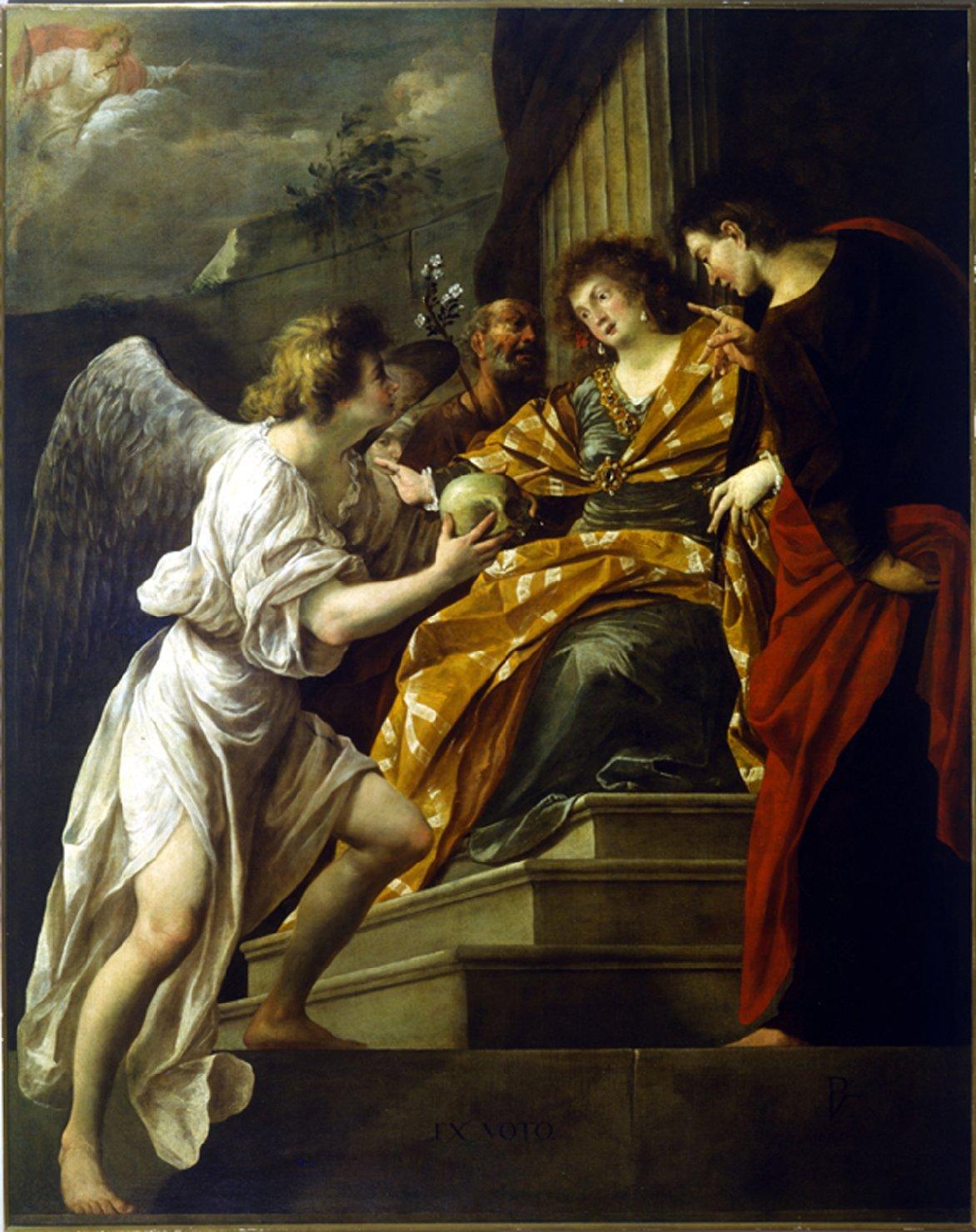 Quadro votivo, angelo con Santi e devoti (dipinto) di Muttoni Pietro detto Pietro della Vecchia (sec. XVII)